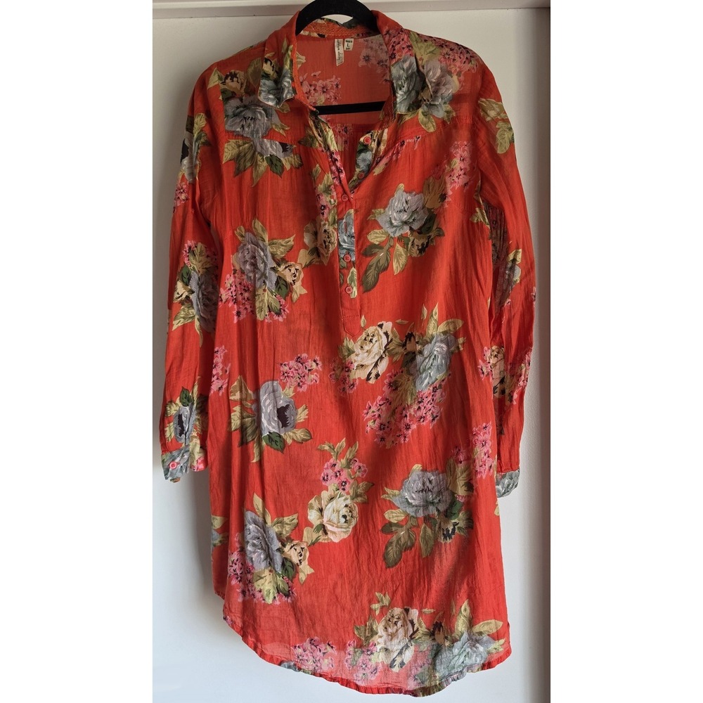 Cotton Daisy Tunic L Red Floral Long Sleeve Collared Boho Top Blouse Shirt